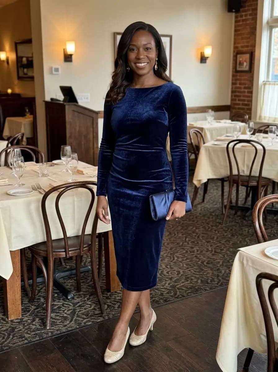 Navy velvet long-sleeve midi dress with champagne pumps