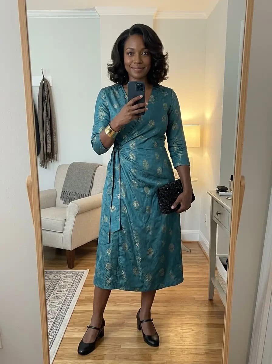 Teal brocade wrap dress with metallic motifs and Mary Jane pumps