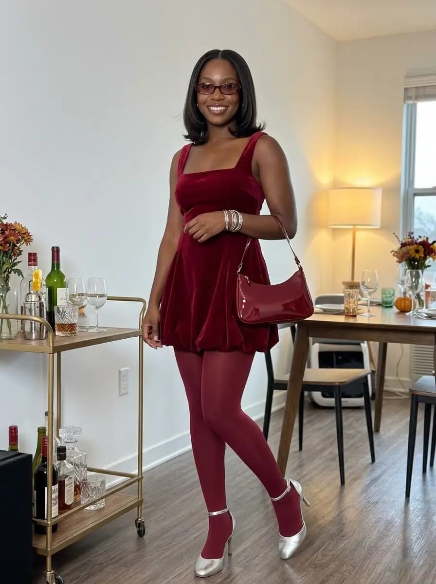 Burgundy velvet babydoll mini dress with burgundy tights and silver Mary Janes