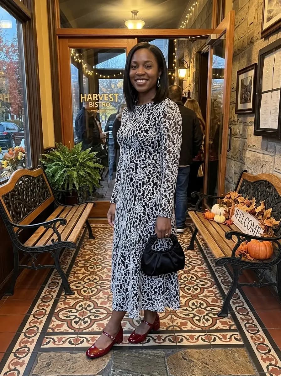 Black and white lace long-sleeve midi dress with burgundy Mary Janes