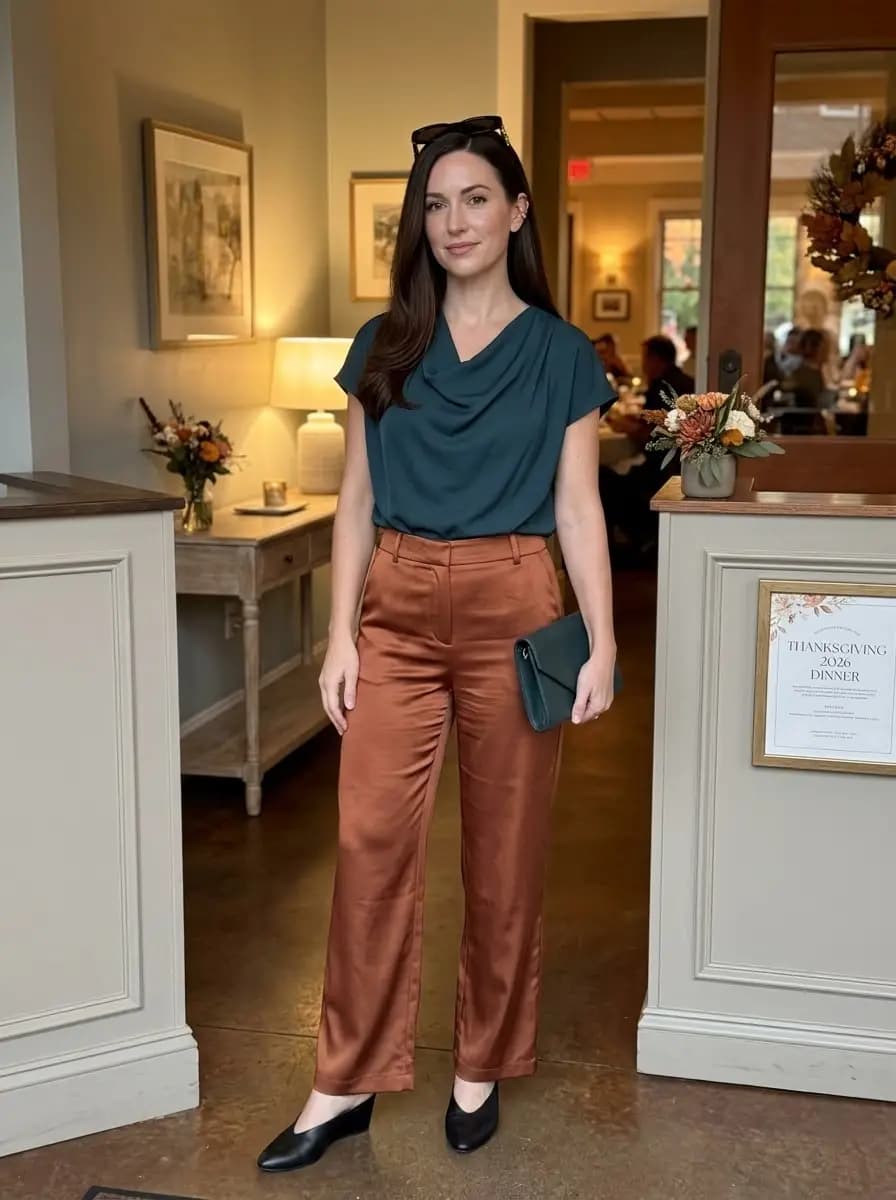 Teal cowl-neck top with burnt orange satin wide-leg trousers