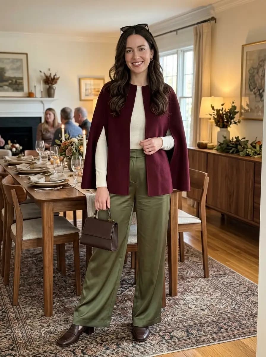 Burgundy cape jacket over cream knit with olive green satin wide-leg pants