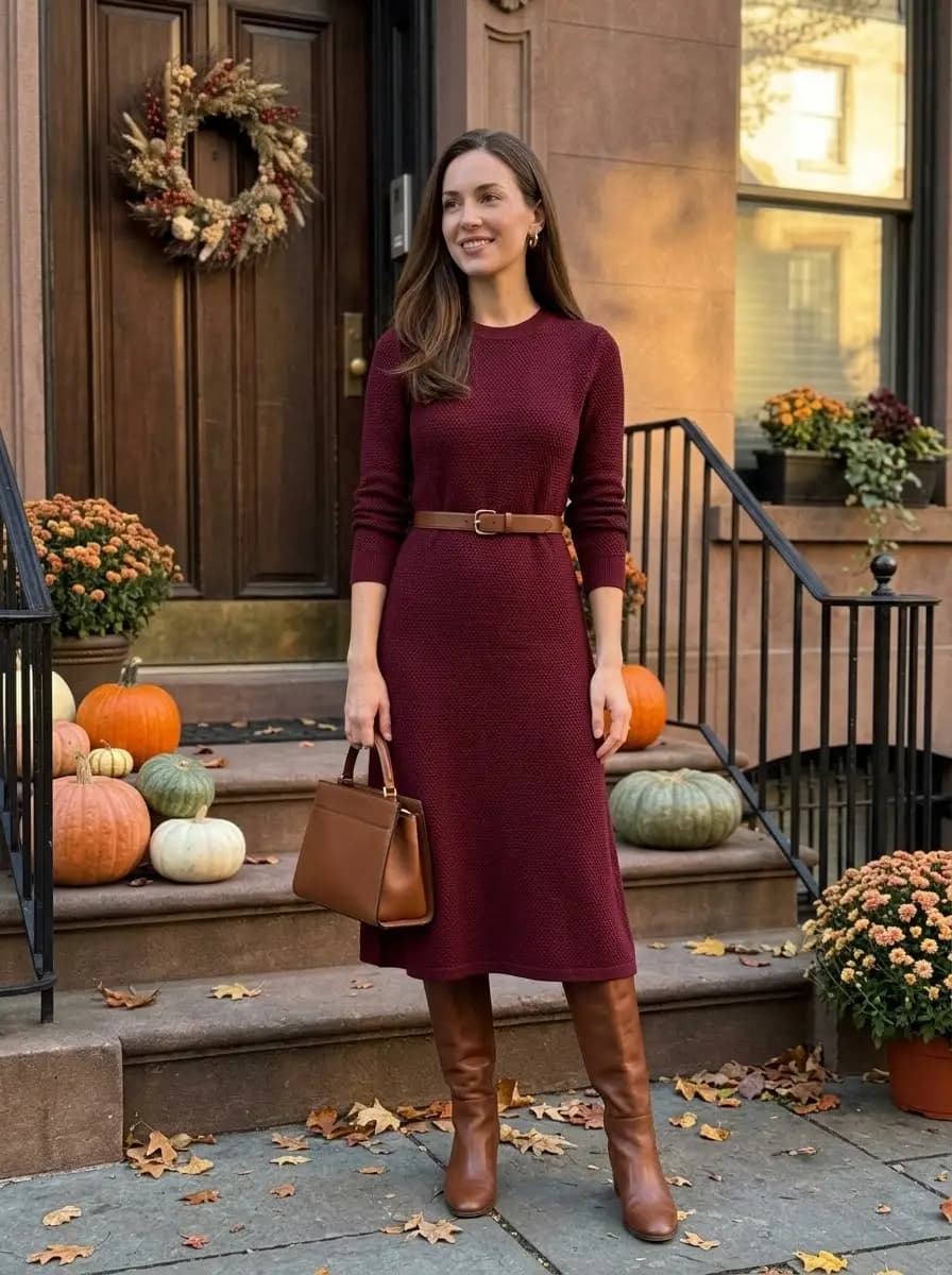 Burgundy knit midi dress belted with cognac knee-high boots