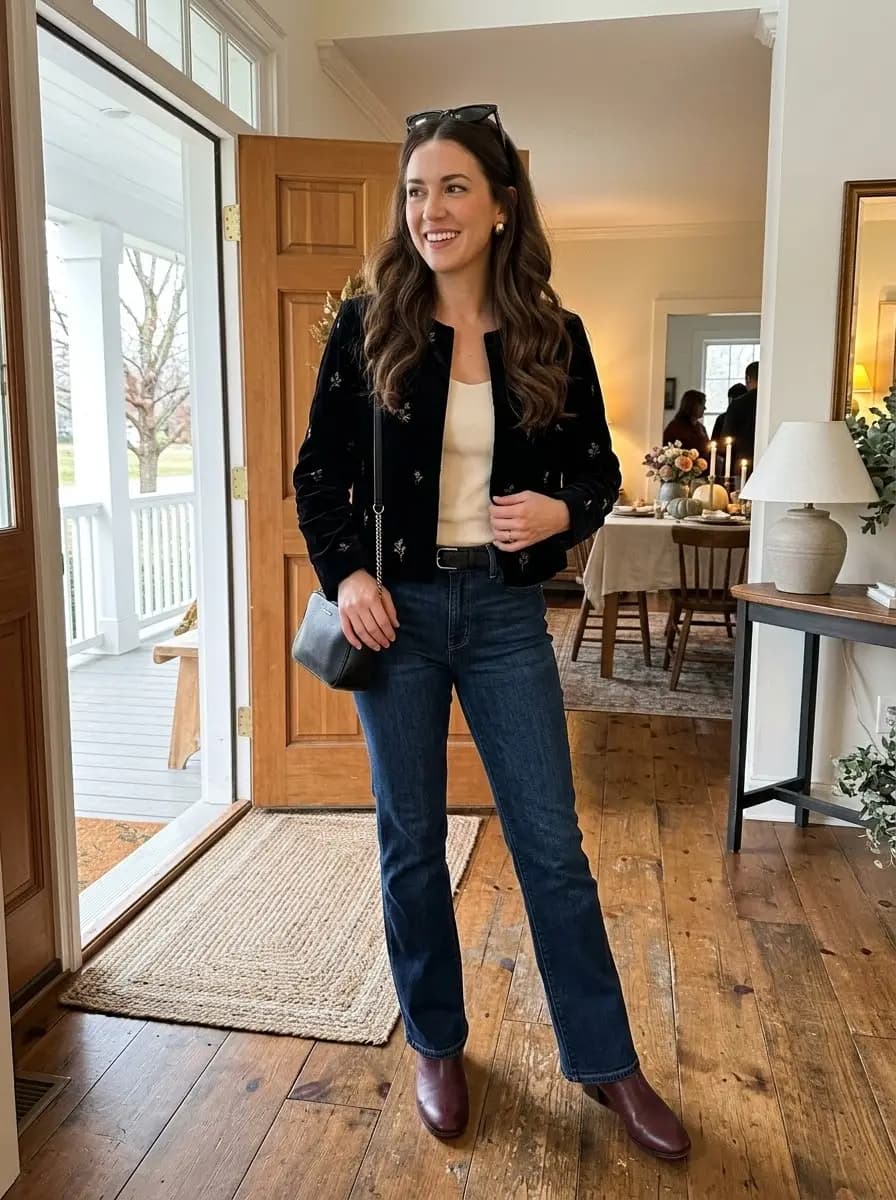 Black embroidered cropped jacket over cream knit top and straight-leg denim