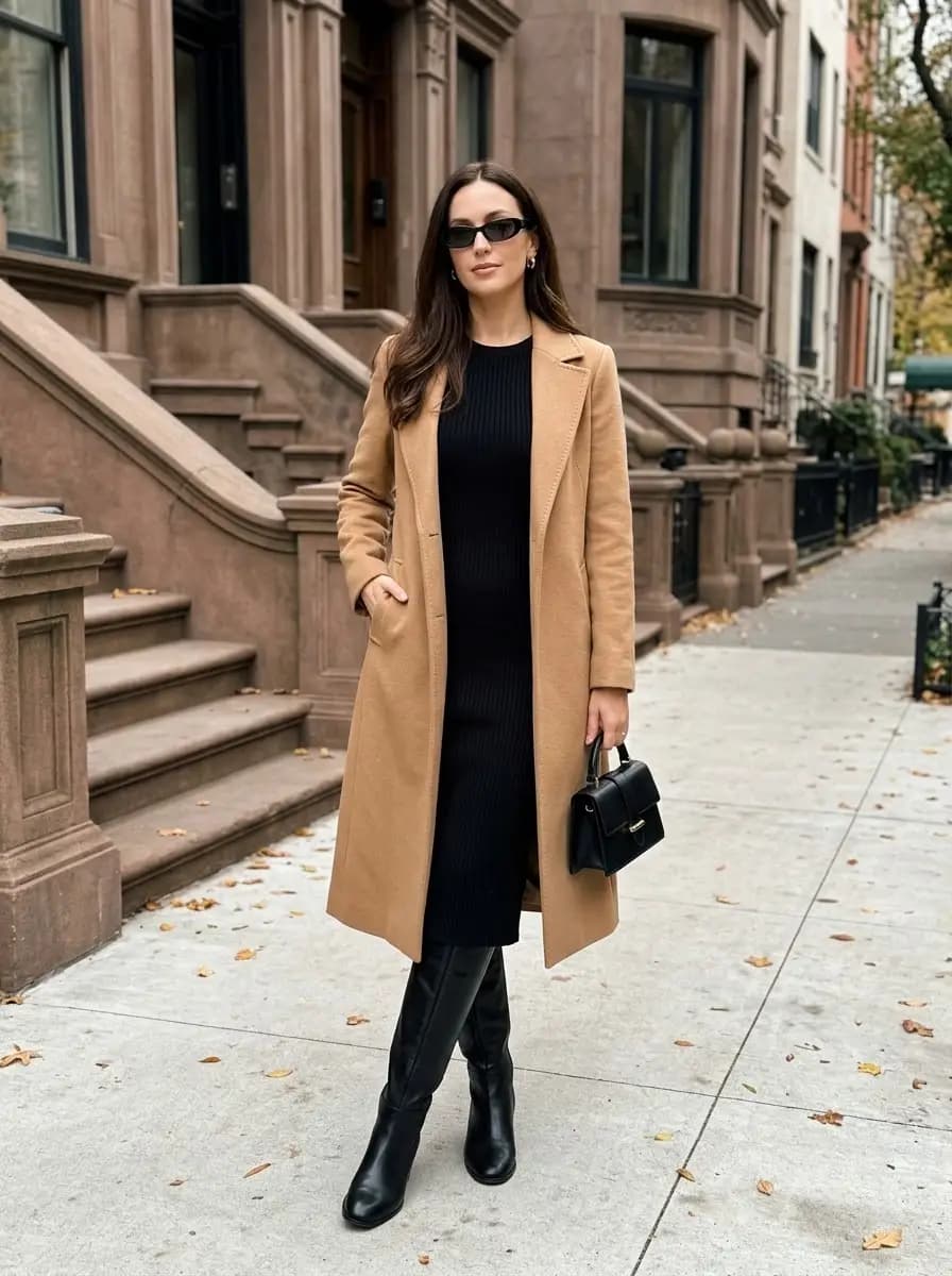 Camel coat over black ribbed dress with black knee-high boots