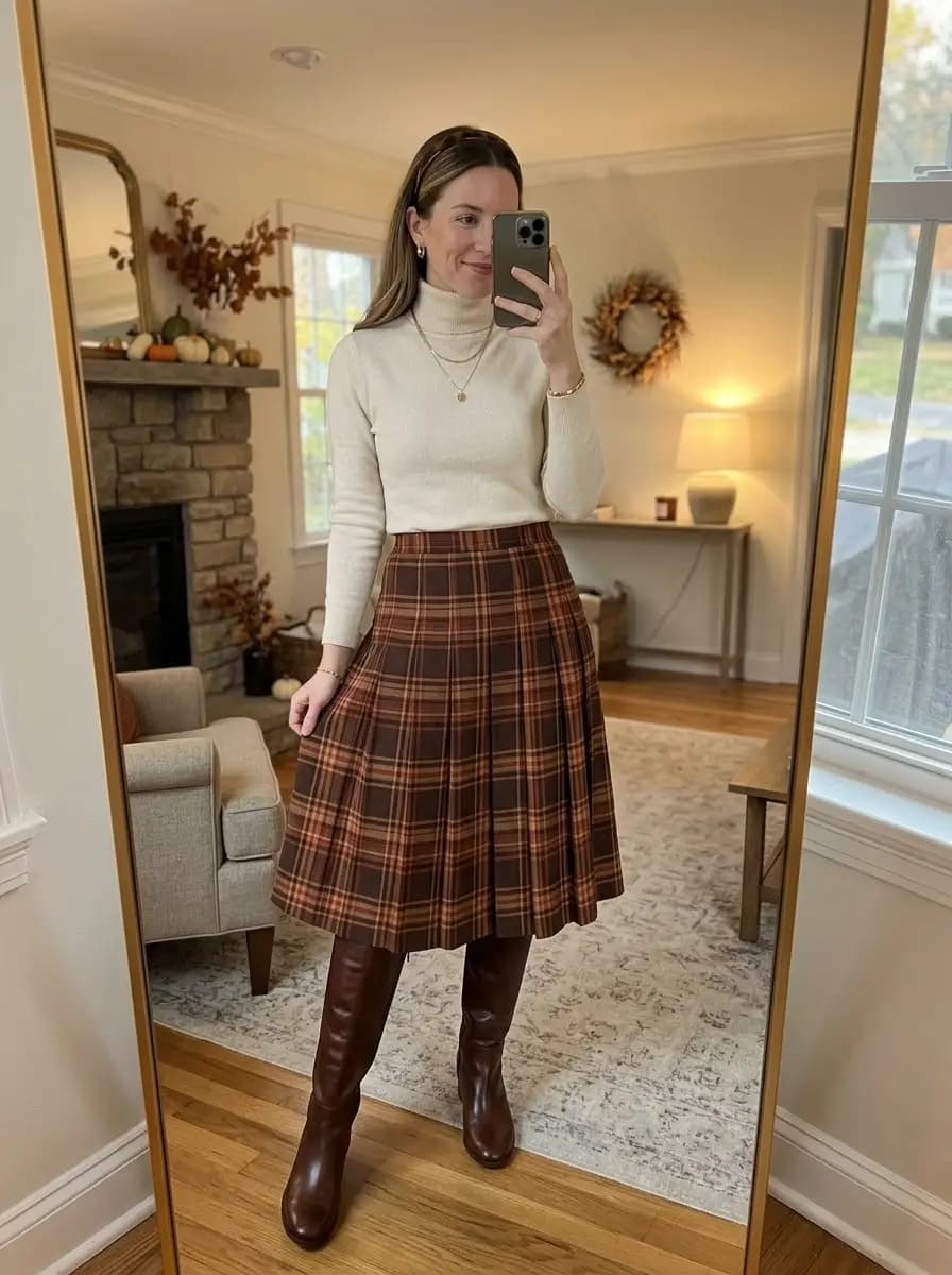 Cream turtleneck with brown plaid pleated midi skirt and tall brown boots