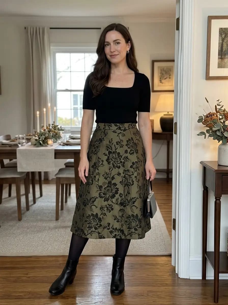 Black square-neck top with olive floral midi skirt and black ankle boots