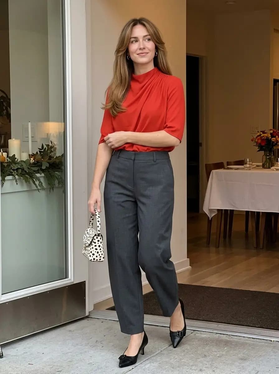 Red draped top with charcoal tailored trousers and black kitten heels
