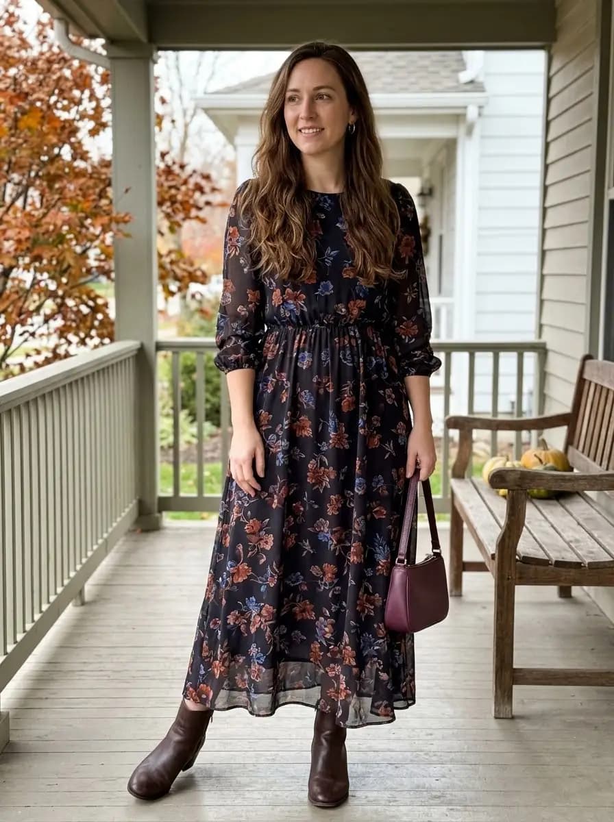 Dark floral midi dress with brown ankle boots and burgundy shoulder bag