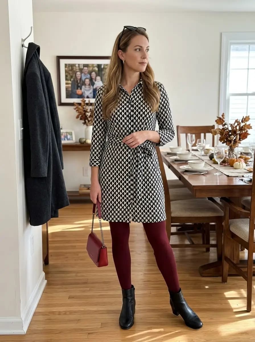 Black and white geometric shirt dress with burgundy tights and black ankle boots