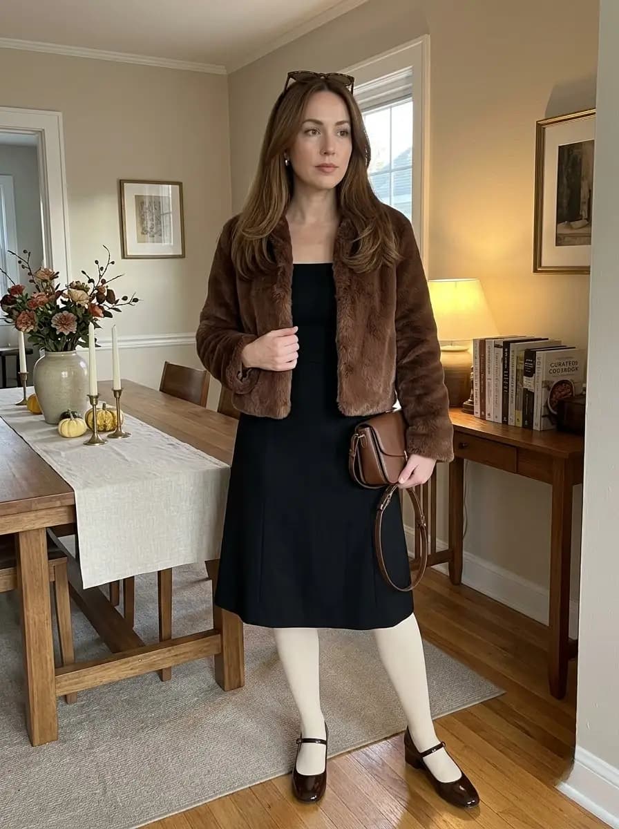 Black mini dress with cropped brown faux-fur jacket and cream tights