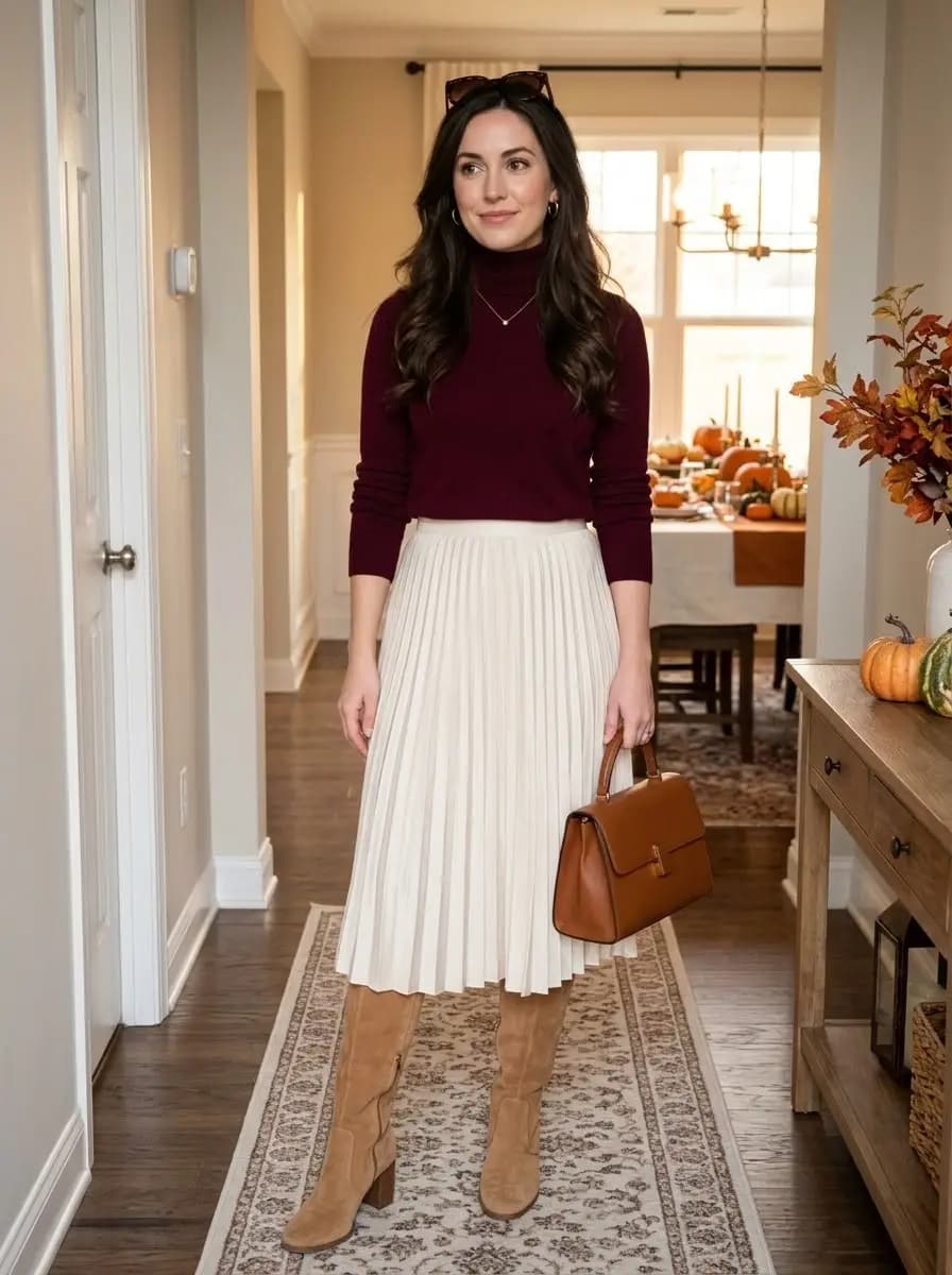 Burgundy knit turtleneck sweater with cream pleated midi skirt and tan suede boots