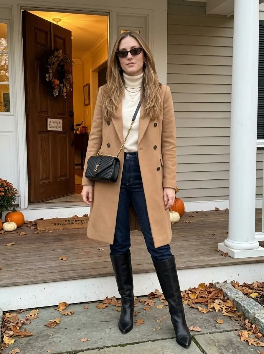 Camel wool overcoat over cream turtleneck and dark denim with black boots