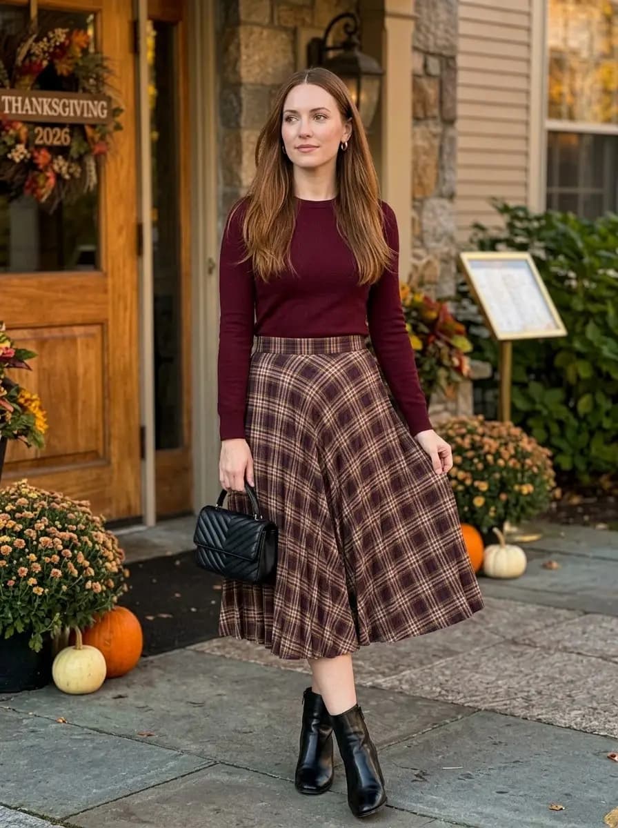 Burgundy long-sleeve knit top with brown plaid midi skirt and black ankle boots