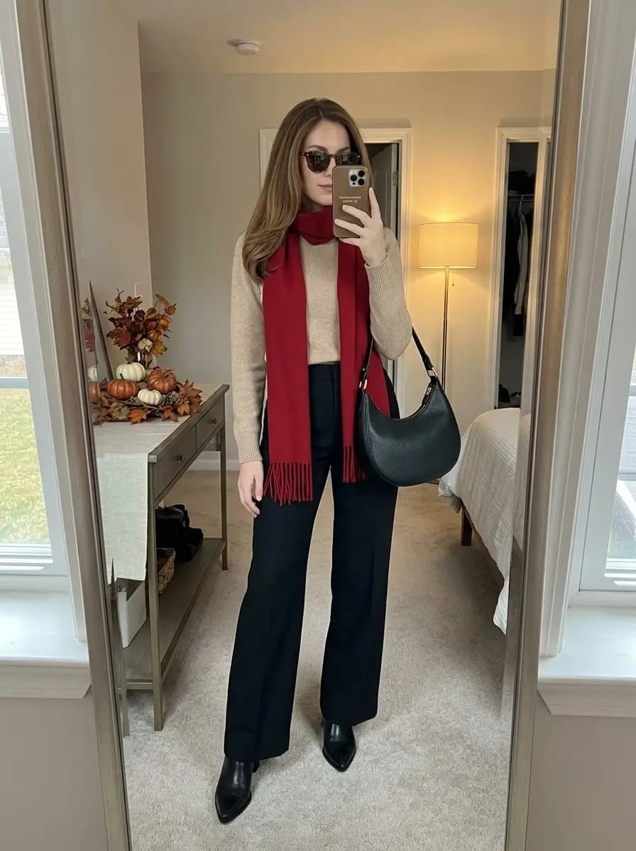 Tan knit sweater with black wide-leg trousers and deep red scarf
