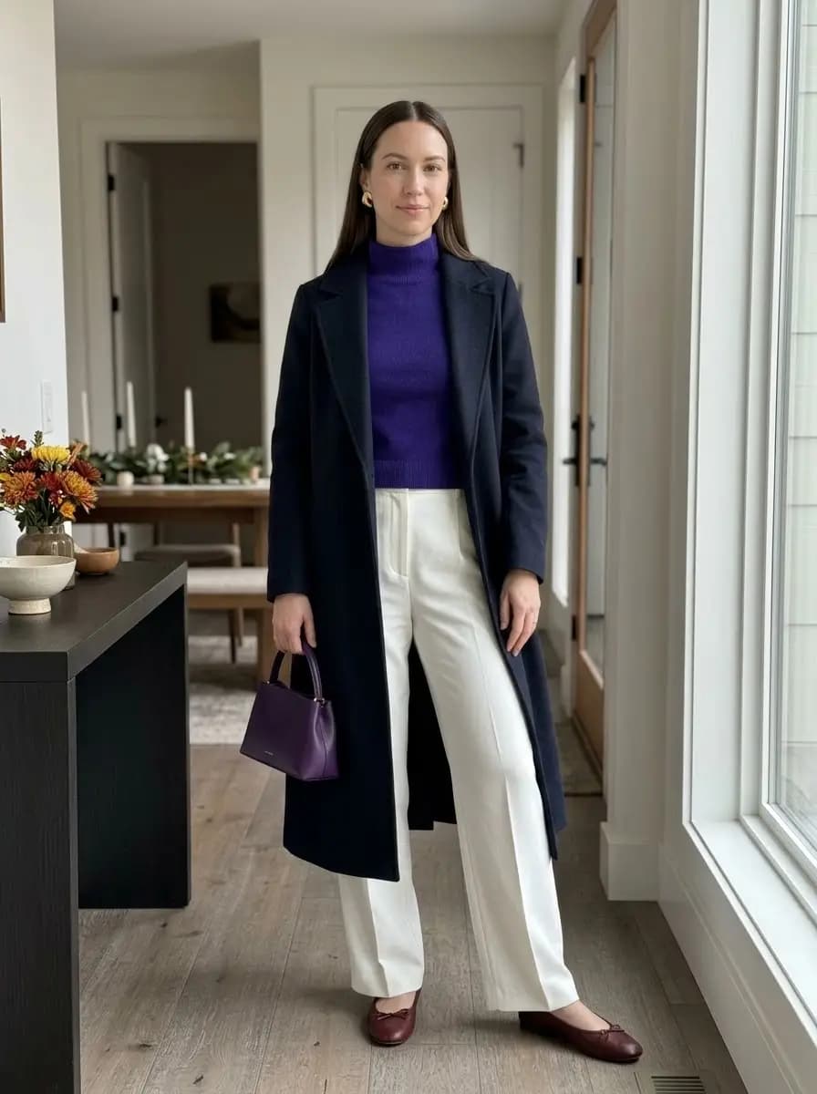 Purple turtleneck sweater with white wide-leg trousers and navy overcoat