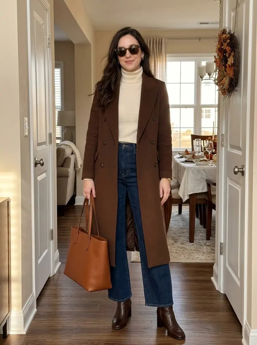 Cream turtleneck with blue denim jeans and chocolate brown overcoat