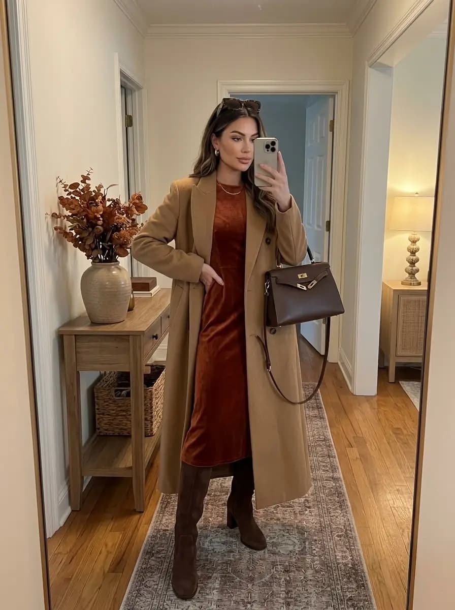 Rust velvet midi dress under camel overcoat with tall brown boots