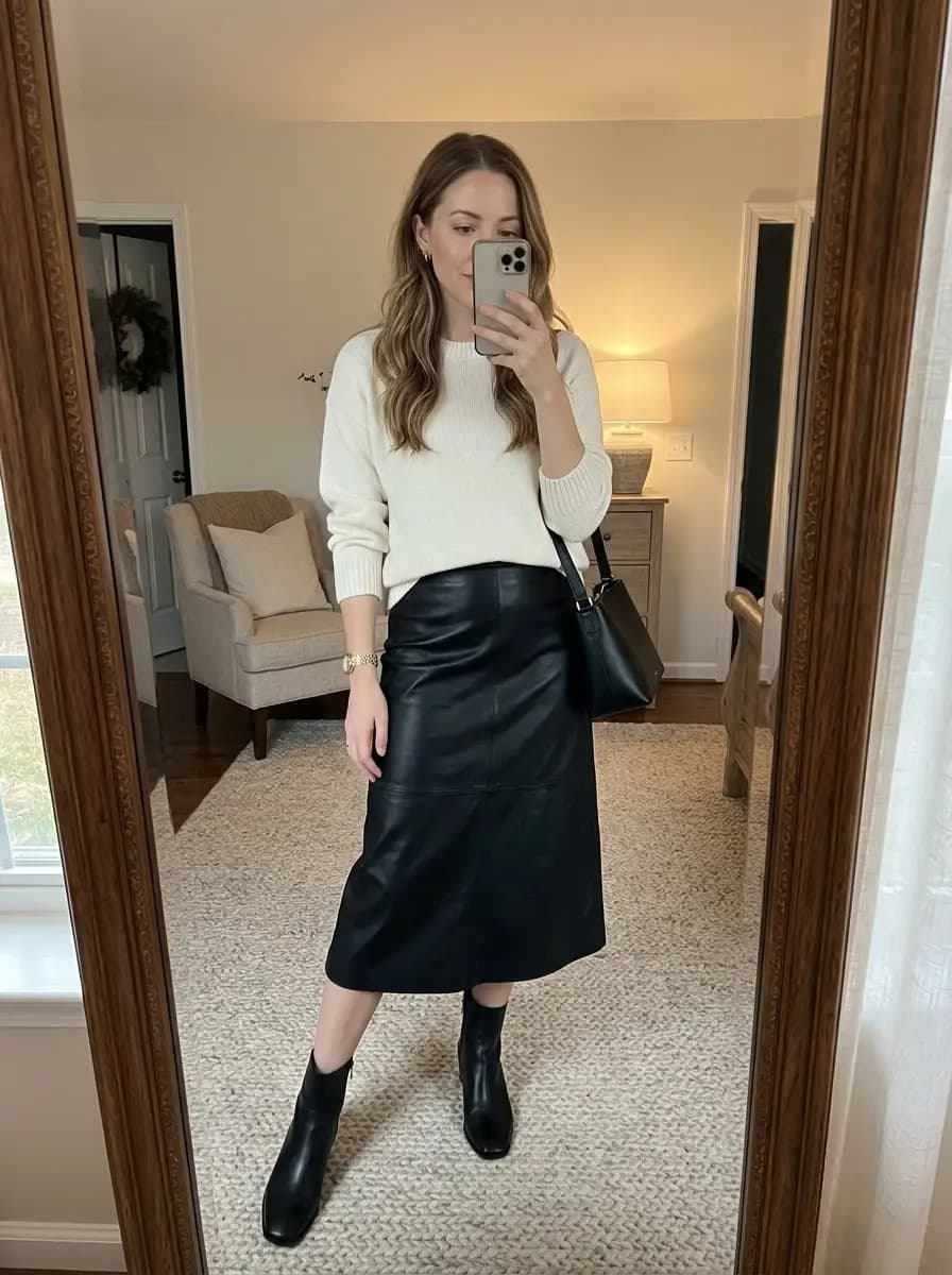 Cream knit sweater with black faux-leather midi skirt and black ankle boots