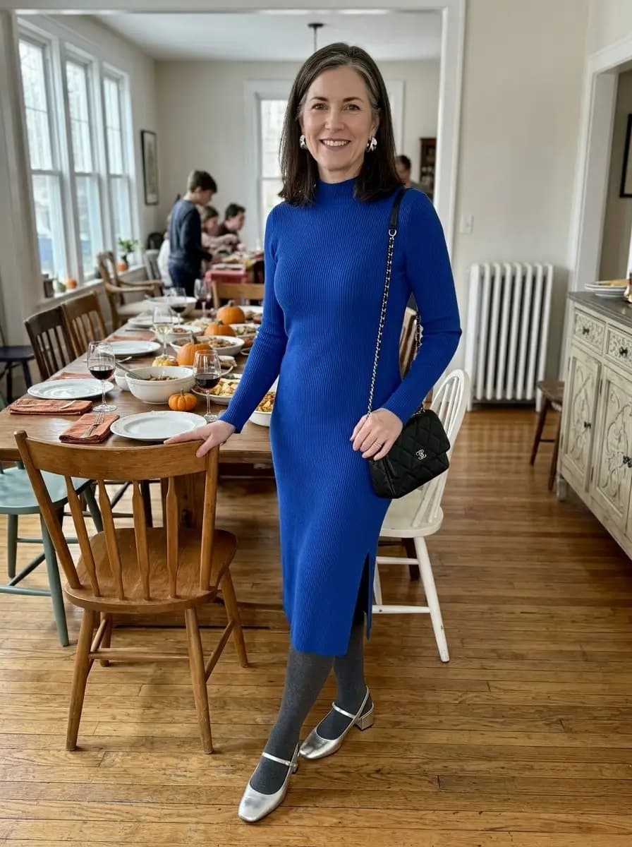 Royal blue ribbed knit sweater dress with charcoal tights and silver Mary Janes