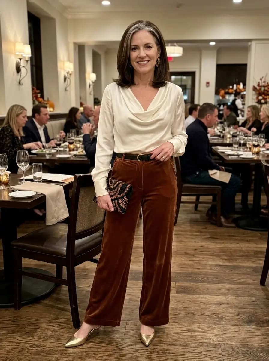 Cream cowl-neck blouse with brown velvet wide-leg trousers