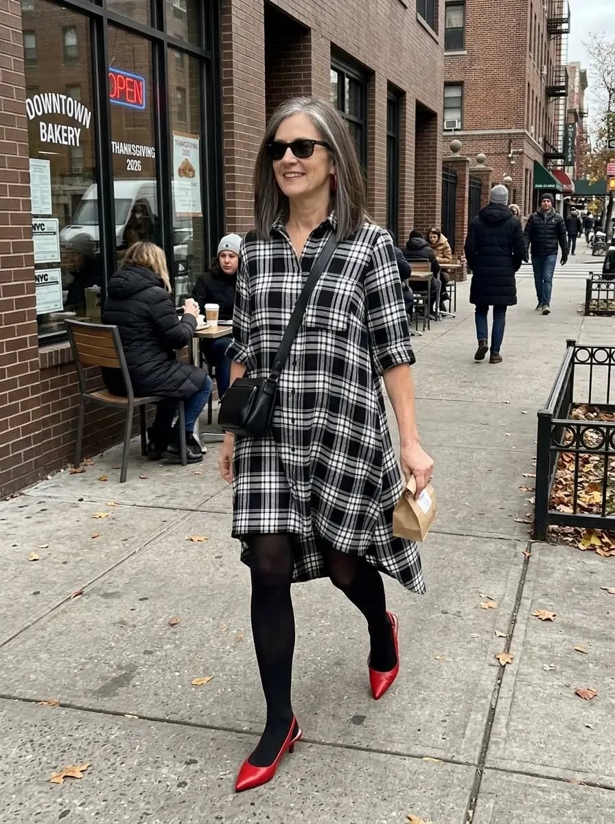 Black and white plaid asymmetric shirt dress with red slingbacks