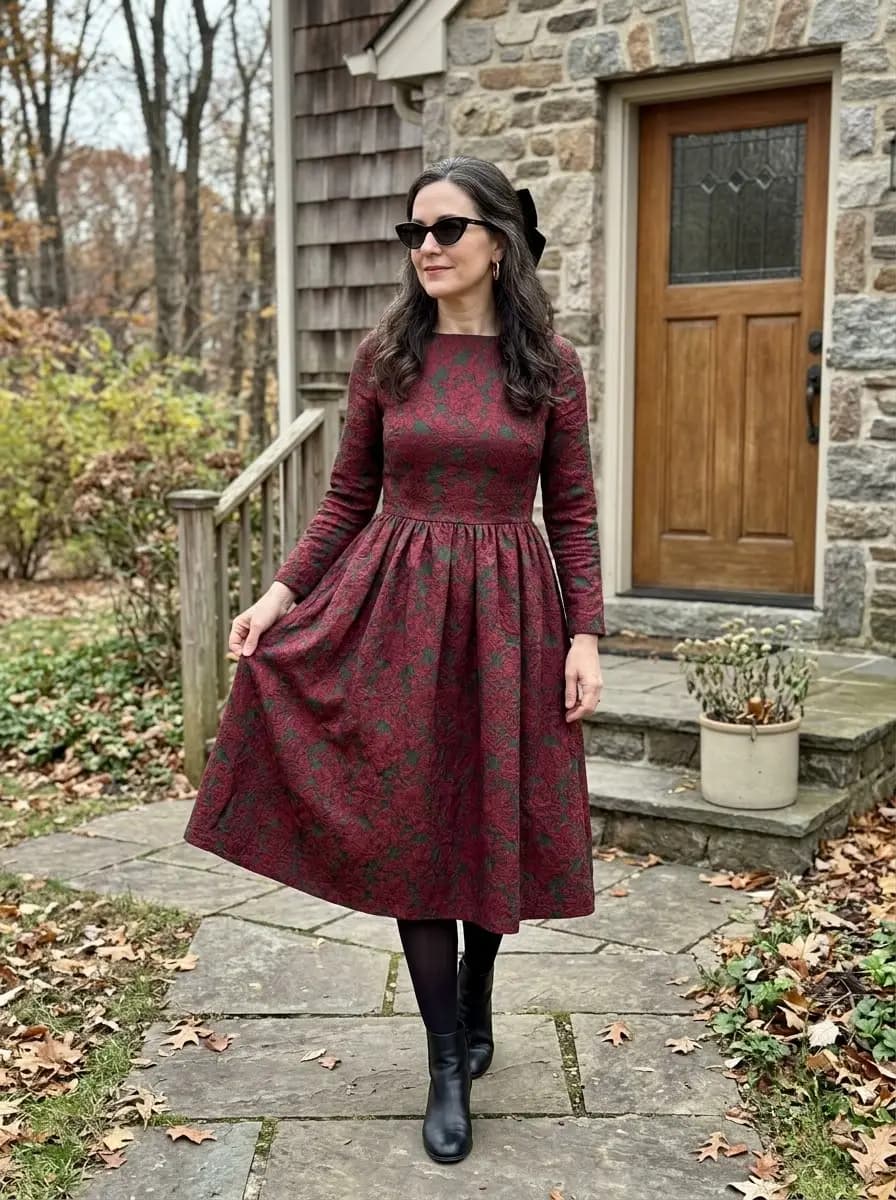 Burgundy floral print long-sleeve midi dress with black boots