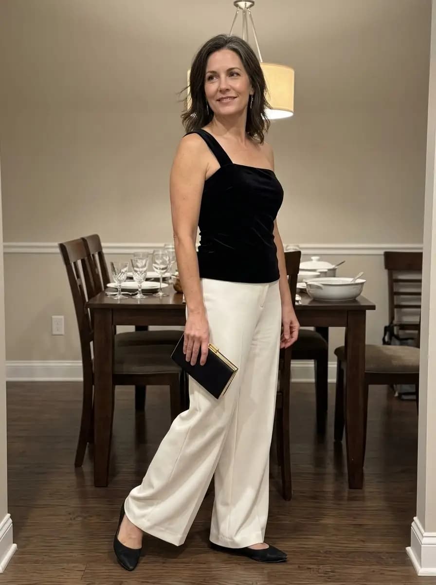 Black one-shoulder velvet top with white wide-leg trousers