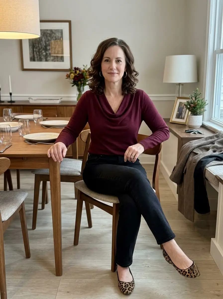Burgundy cowl-neck sweater with black straight-leg jeans and leopard flats