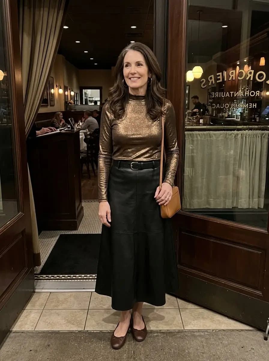 Bronze metallic long-sleeve top with black faux-leather midi skirt