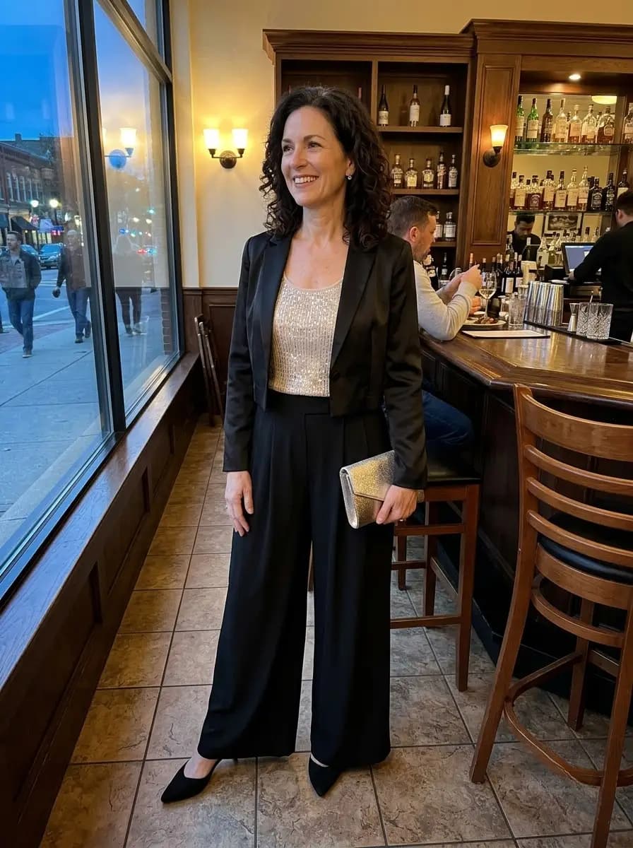 Silver sequin tank top with black cropped blazer and black wide-leg trousers