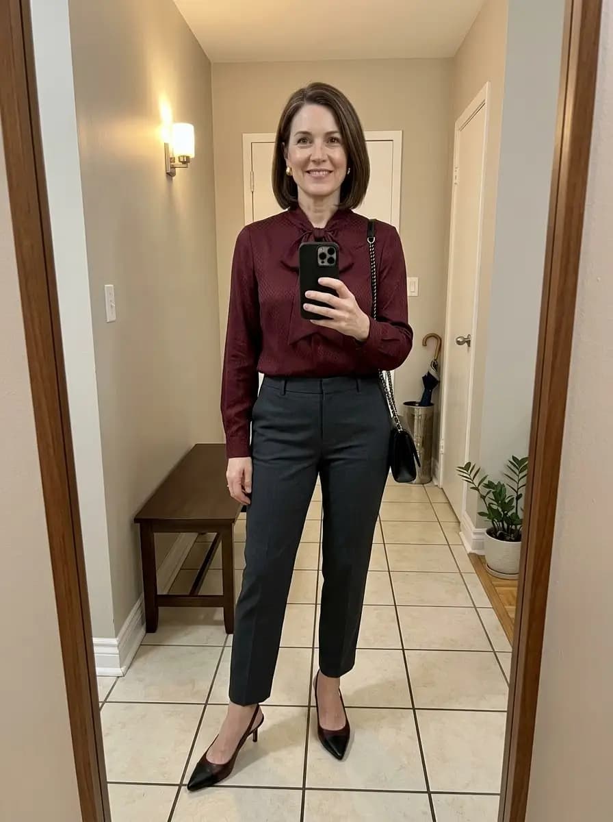 Burgundy bow-neck blouse with charcoal straight-leg trousers