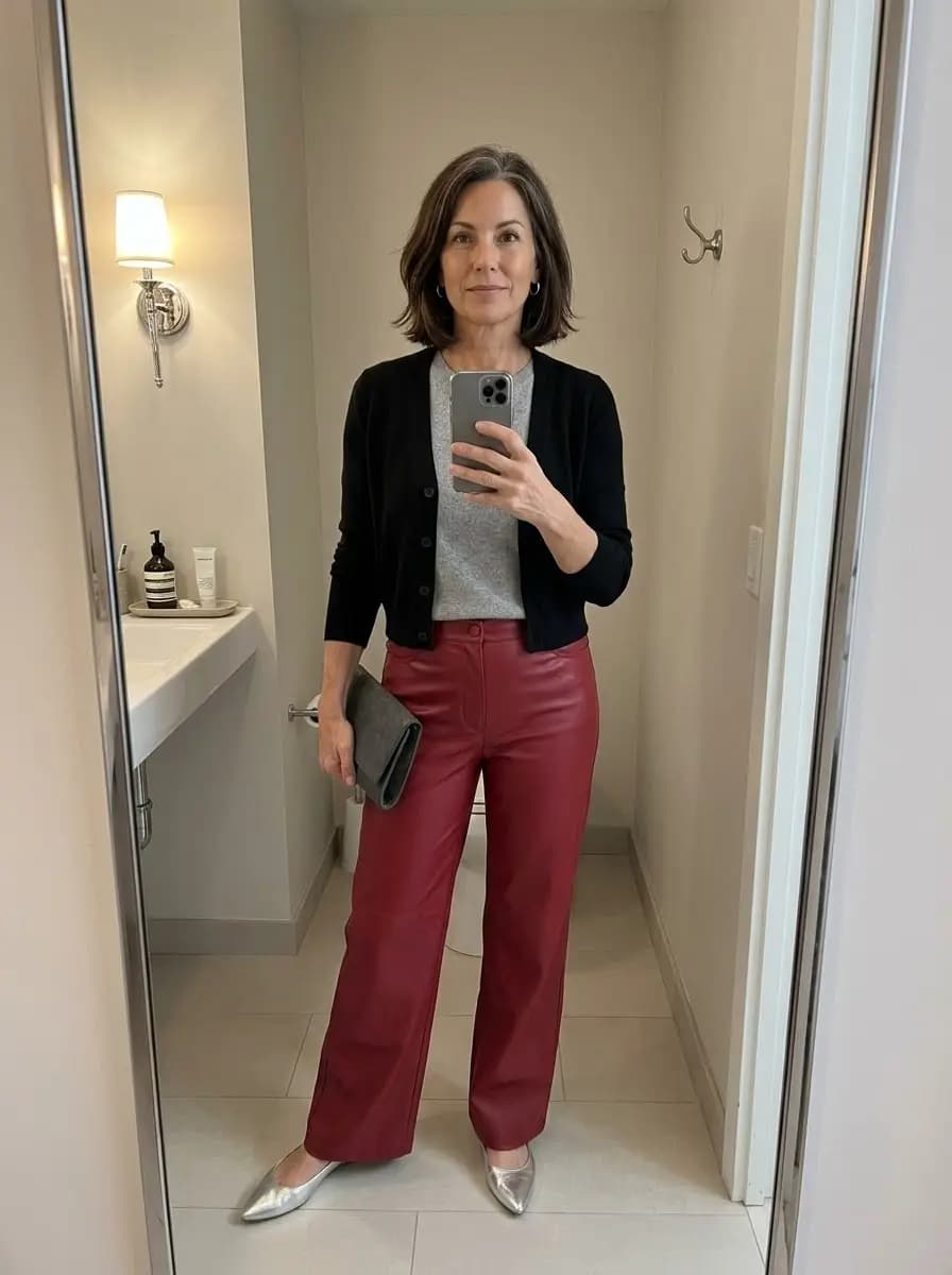 Grey t-shirt with black cropped cardigan and red faux-leather wide-leg trousers
