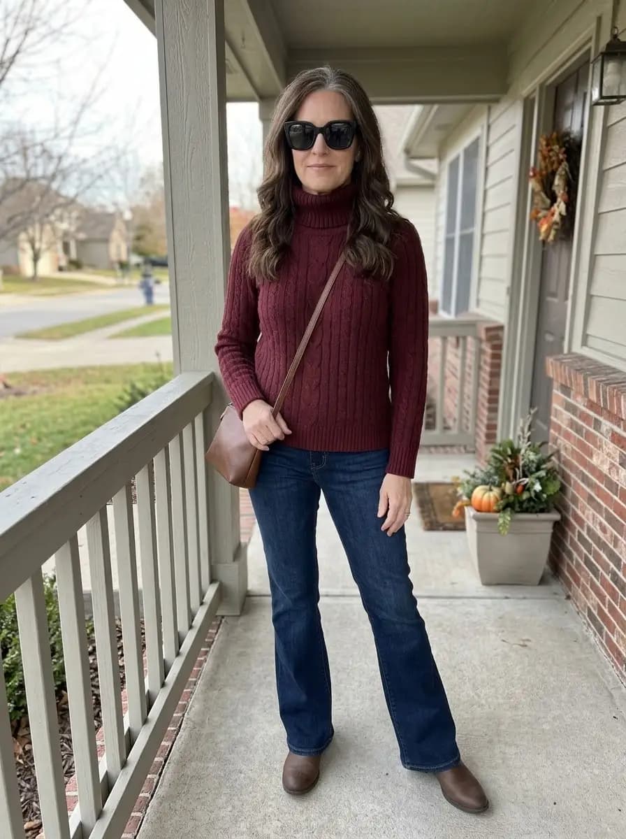 Burgundy cable-knit turtleneck sweater with dark-wash flare jeans