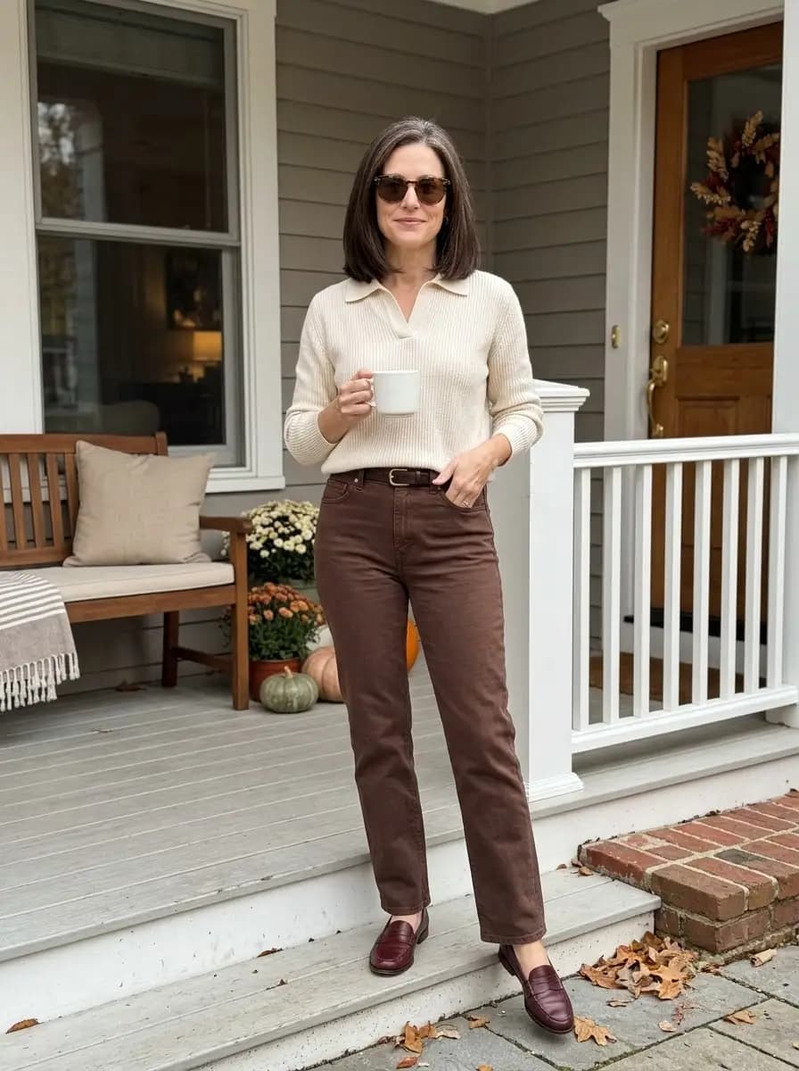 Cream ribbed knit collared sweater with chocolate brown straight-leg jeans
