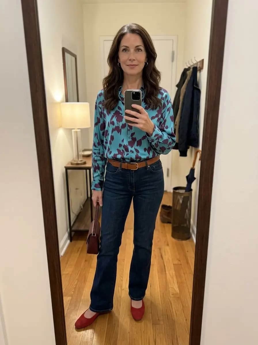 Teal abstract print collared blouse with dark-wash flare jeans