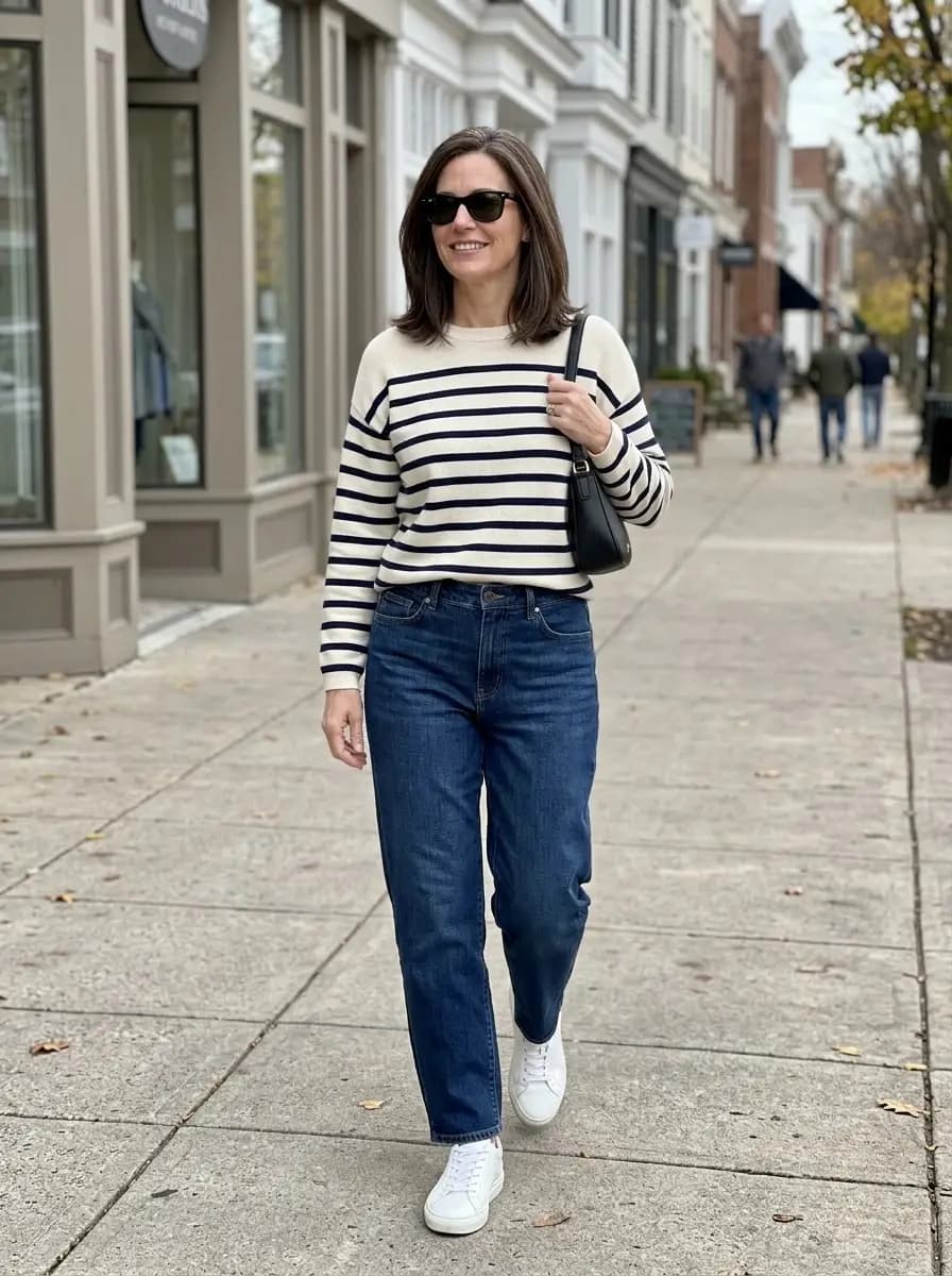 Cream and navy striped long-sleeve sweater with dark-wash straight-leg jeans