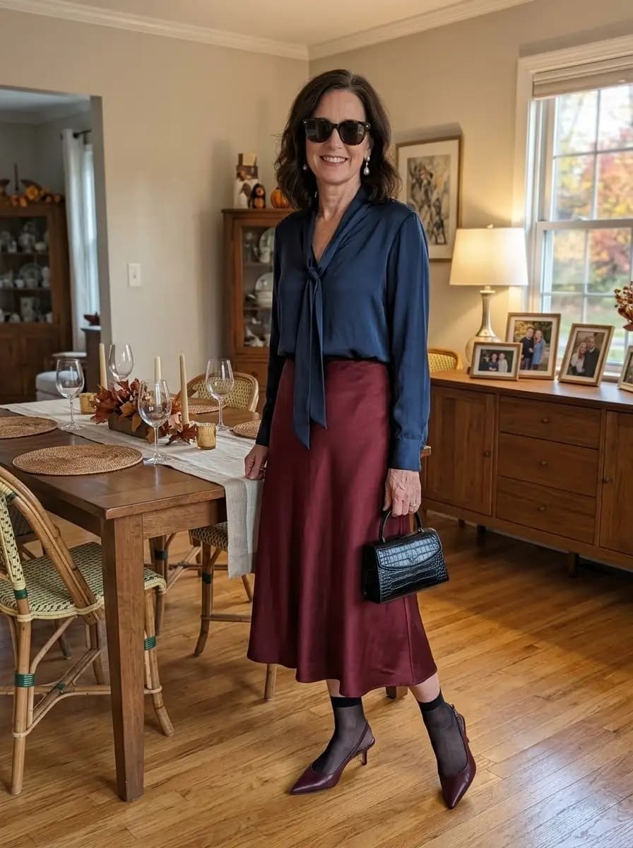 Navy bow-neck blouse with burgundy satin midi skirt