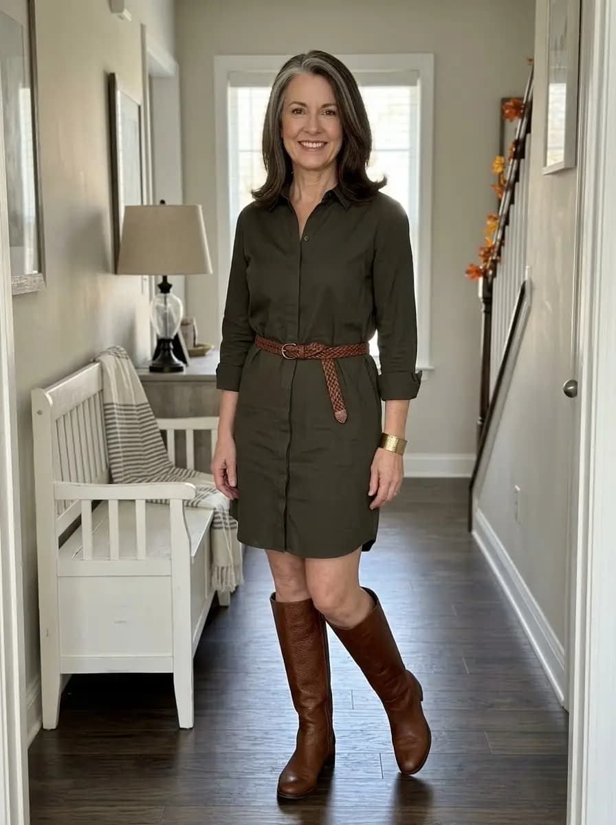 Olive green button-front shirt dress with braided belt and tall cognac boots