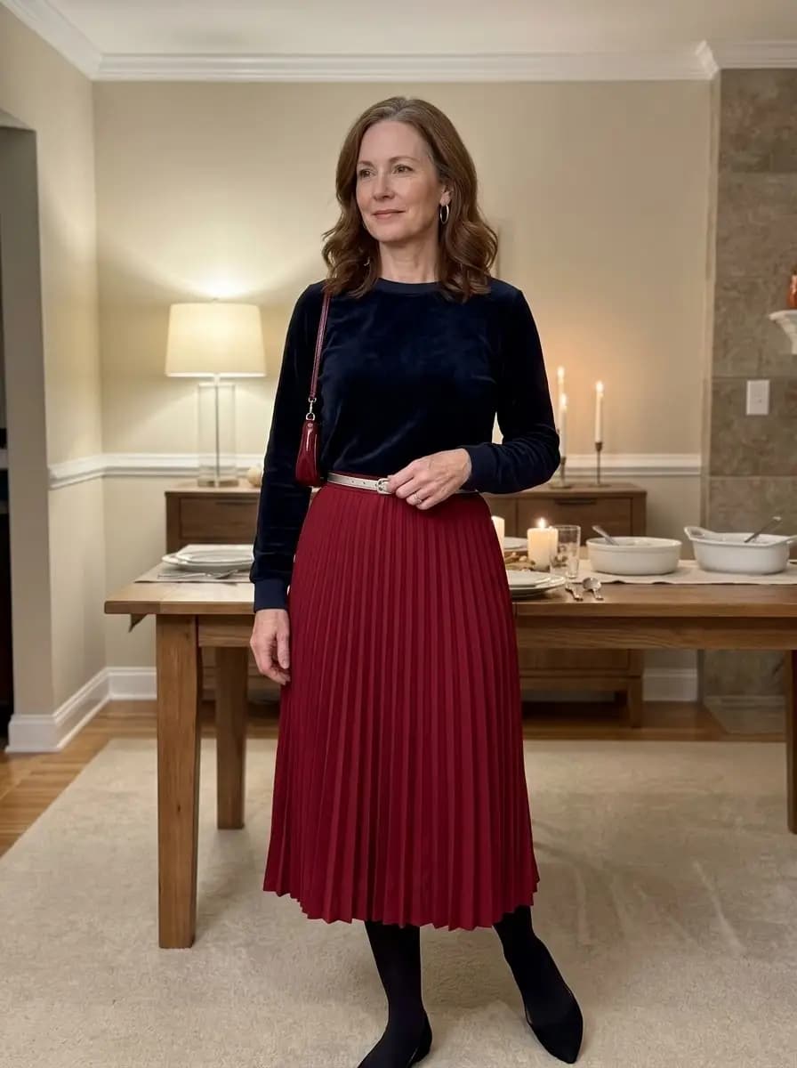 Navy velvet long-sleeve top with burgundy pleated midi skirt