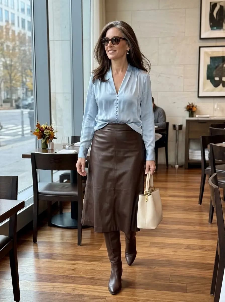 Light blue silk blouse with brown leather midi skirt