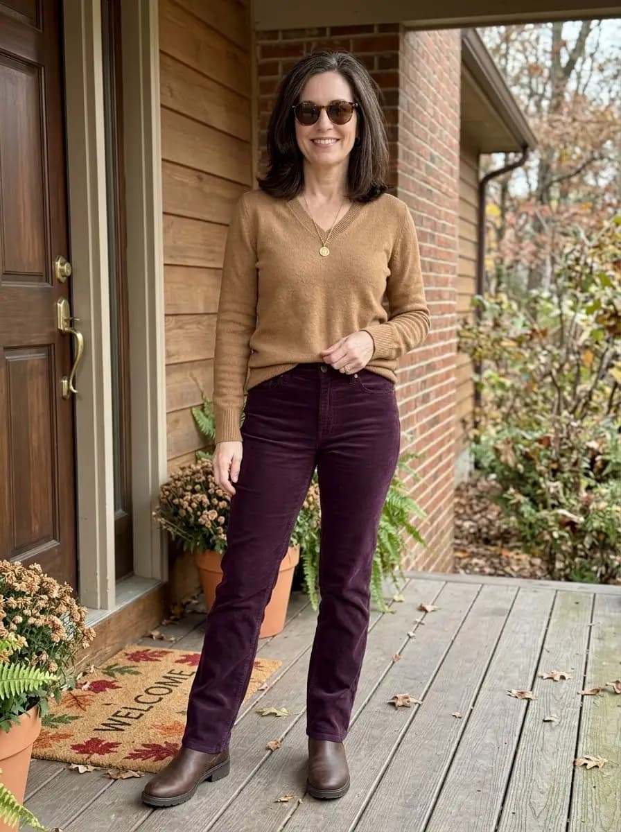 Tan crew-neck sweater with deep purple corduroy straight-leg pants