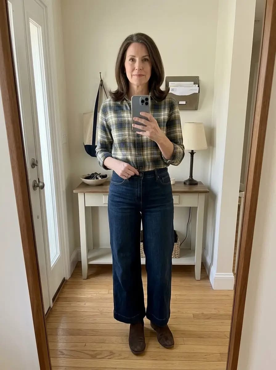 Blue and tan plaid long-sleeve shirt with dark-wash wide-leg jeans