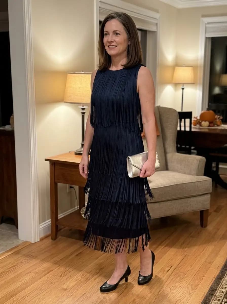 Navy fringe sleeveless midi dress with metallic silver clutch and black pumps