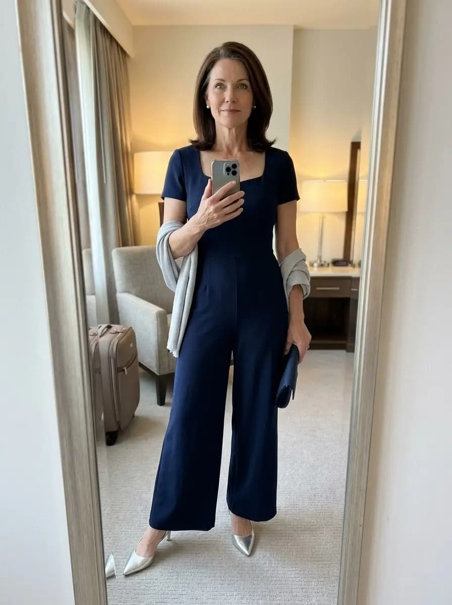 Navy wide-leg jumpsuit with square neckline and silver pumps