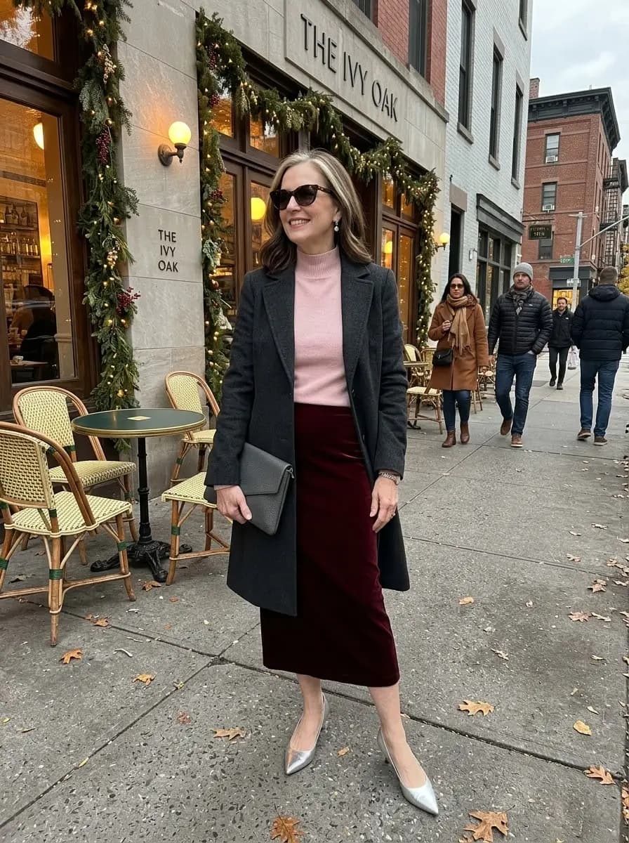 Charcoal wool blazer over pink ribbed knit sweater with burgundy velvet midi skirt