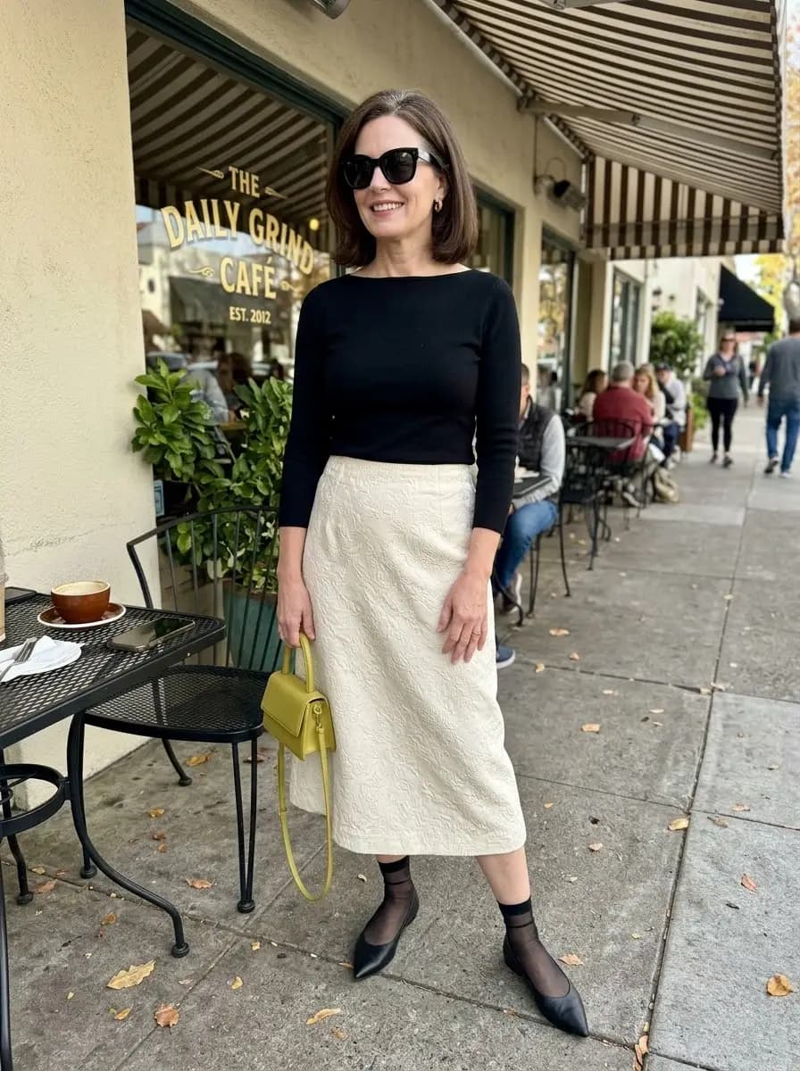 Black long-sleeve top with cream embossed textured midi skirt
