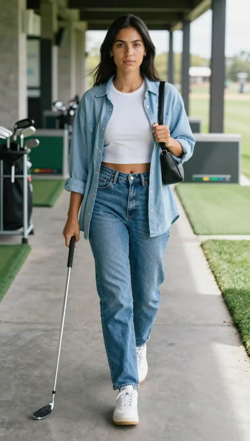 White Ribbed Crop Top + Light Wash Denim Jeans + Light Blue Chambray Shirt