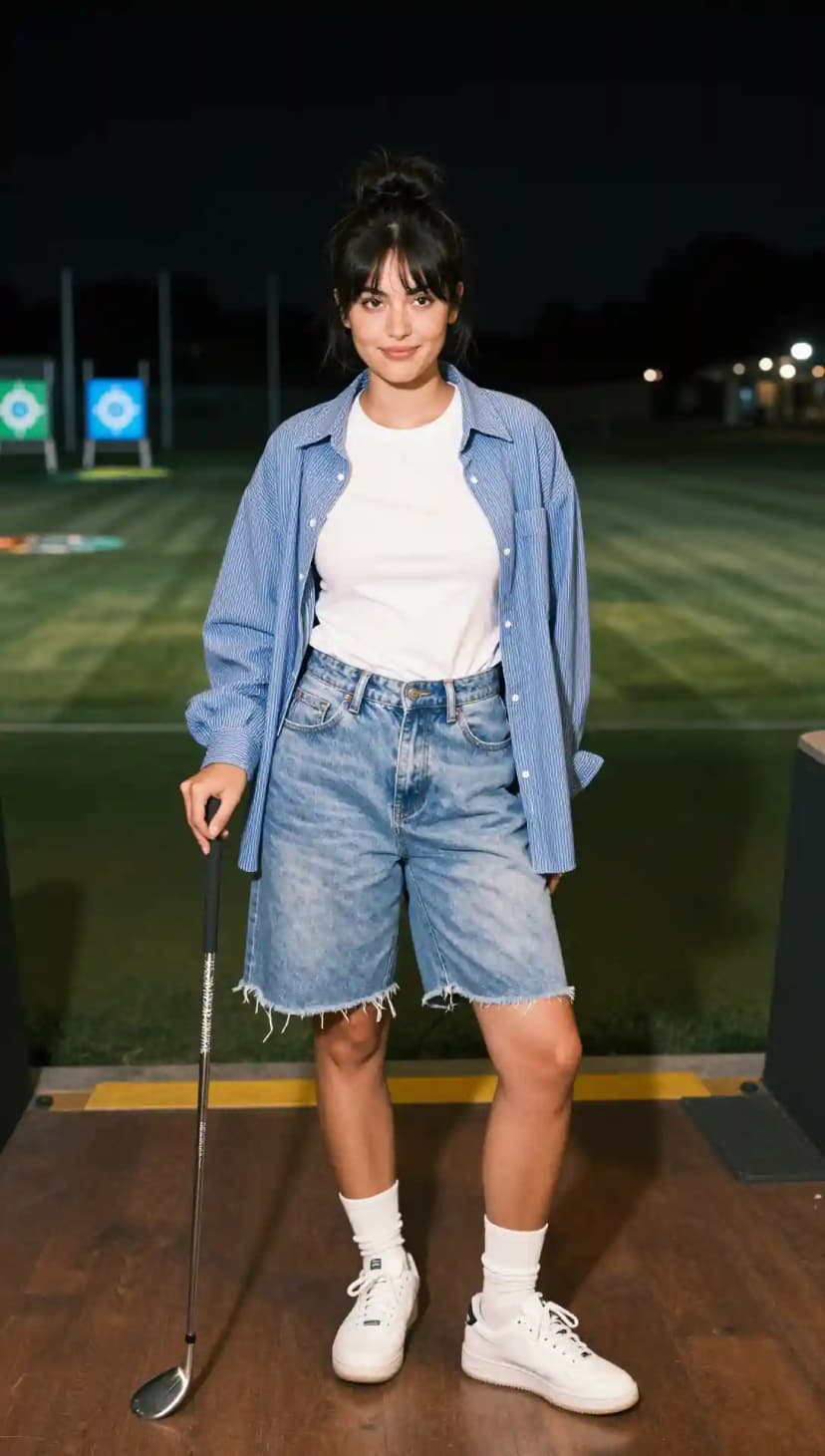 White Cotton T-Shirt + Blue Striped Cotton Button-Down Shirt + Blue Denim Bermuda Shorts