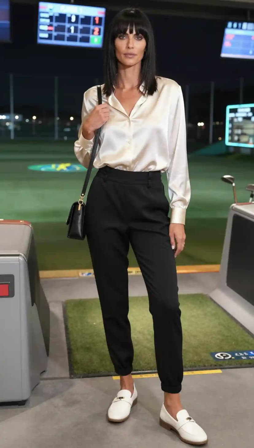 Cream Silk Blouse + Black Crepe Trousers + White Leather Loafers